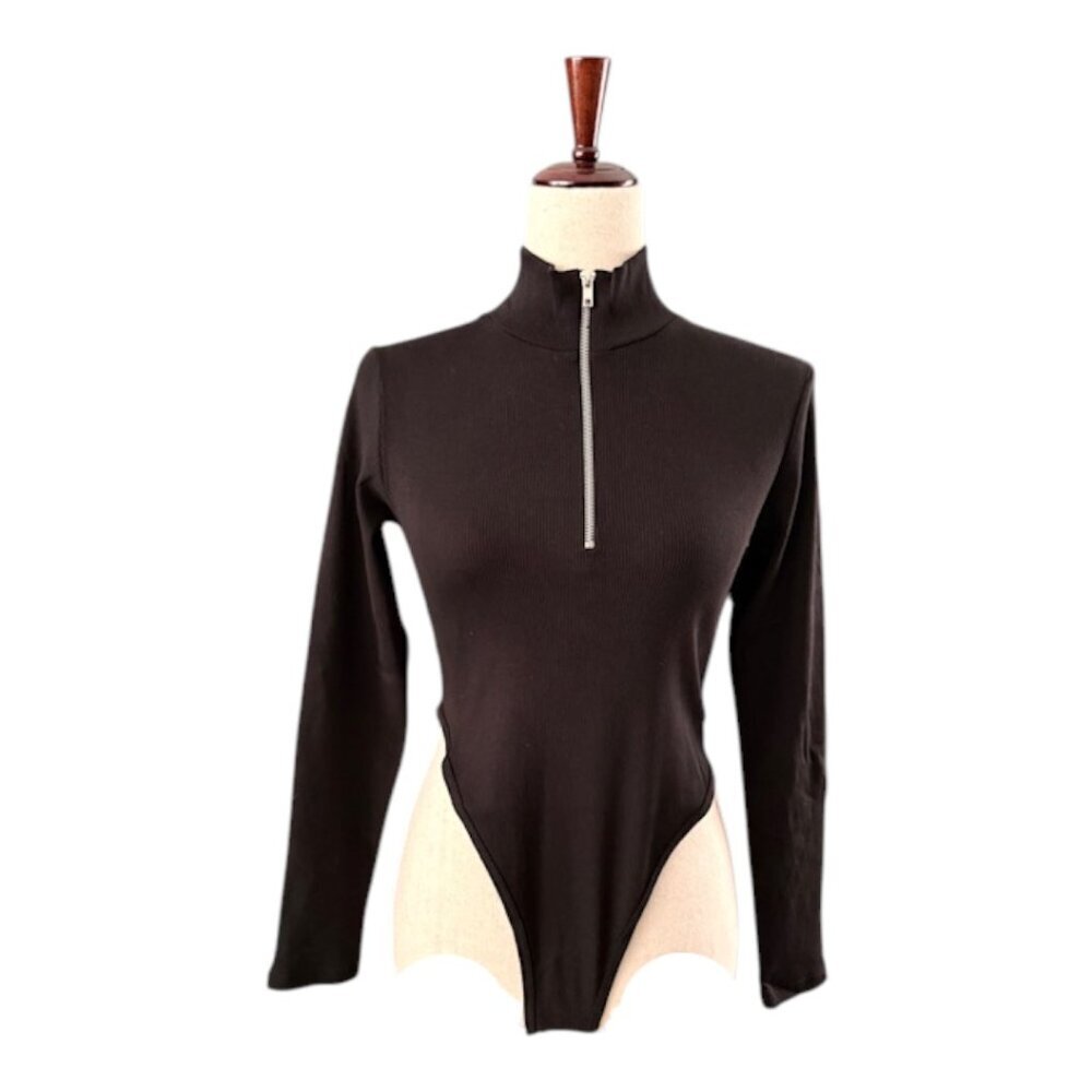 Zara Black Ribbed Quarter Zipper Front Turtleneck Long Sleeve Bodysuit Lrg NWOT - Picture 2 of 16